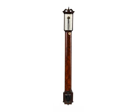 Y A fine Regency mahogany bowfronted 'flat to the wall' mercury stick barometer Bate, London, circa 1825 With swan neck pedim