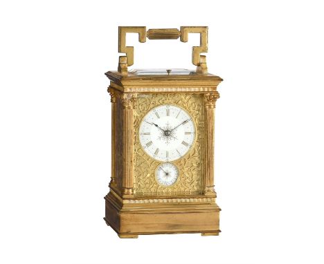 A fine French gilt fretwork panel inset grande-sonnerie striking and repeating alarm carriage clock Retailed by Hunt and Rosk