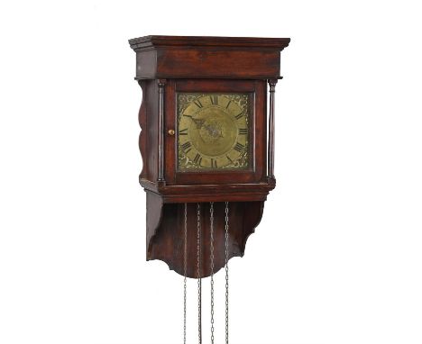 A George III stained pine hooded wall alarm timepieceUnsigned, late 18th centuryThe four pillar movement with anchor escapeme
