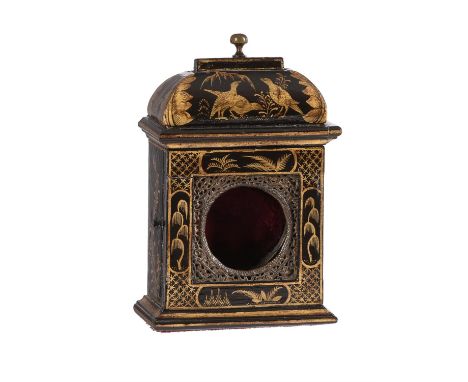 An unusual black japanned watch stand in the form of a miniature table clockAnonymous, probably mid to late 18th centuryWith 