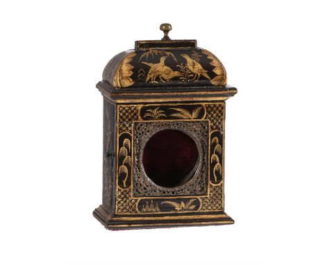 An unusual black japanned watch stand in the form of a miniature table clockAnonymous, probably mid to late 18th centuryWith 