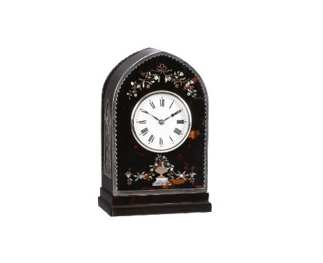 Y A Edwardian silver mounted gold and abalone shell inlaid lancet-shaped mantel clockUnsigned, London 1907The French eight-da