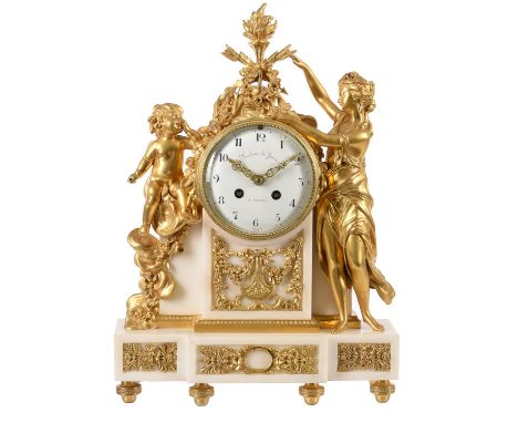 A French Louis XVI style ormolu and white marble figural mantel clock 'Amor loses his weapons'The dial bearing signature for 