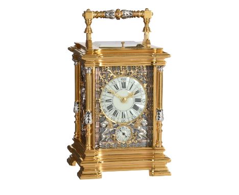 A fine French gilt carriage clock with multi-colour relief cast panels and push-button repeat Unsigned, Paris, circa 1880The 