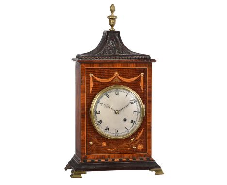 Y A English carved and inlaid mahogany mantel timepiece Unsigned, probably early 20th century incorporating earlier elementsT