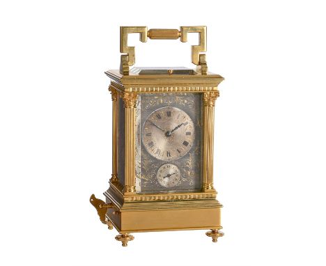 A rare gilt brass carriage clock with push-button repeat, alarm and musical movement to baseUnsigned, late 19th centuryThe ei