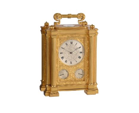 A fine small early Victorian engraved gilt brass small calendar carriage timepiece with twin thermometers and compassSigned f
