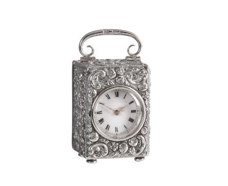 A Victorian silver cased miniature carriage timepieceRetailed by Drew, London 1898The French frosted gilt eight-day movement 