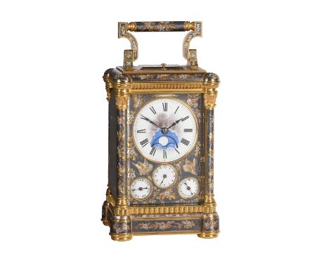 A fine multi-colour grande-sonnerie striking and repeating moonphase calendar alarm carriage clock Unsigned, circa 1880The ei