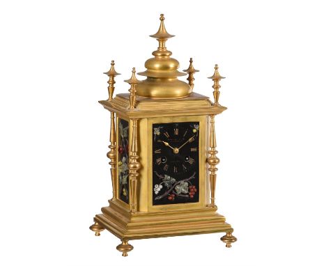 A French relief sculpted pietra dura hardstone panel mounted gilt brass mantel clockRetailed by Howell James and Company, Lon