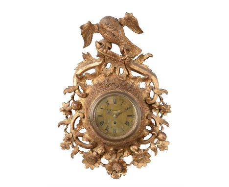 A George III giltwood cartel wall timepiece with 7 inch dialWilliam Gibbs, London, circa 1760The four pillar single fusee mov