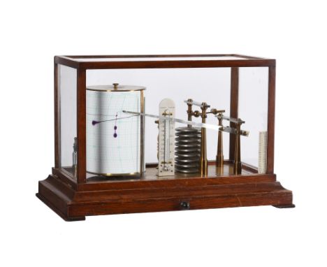 A rare oak cased micro-barograph with thermometerNegretti and Zambra, London, early 20th centuryThe mechanism with nine-segme