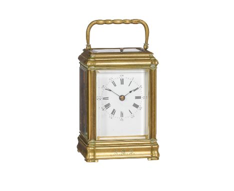 A French brass mid-sized gorge carriage clock with push-button repeatUnsigned, Paris, circa 1870The two train eight-day gong 
