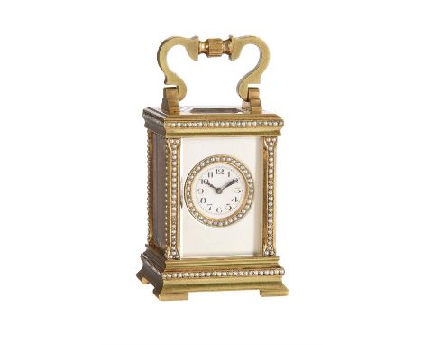 An unusual French split-pearl decorated gilt brass decorated miniature carriage timepieceUnsigned, circa 1900The French frost