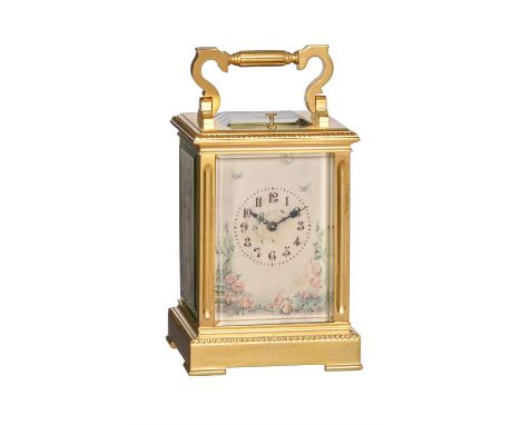 Y A French gilt brass carriage clock with painted ivory panels and push-button repeatUnsigned, Paris, circa 1900The two train