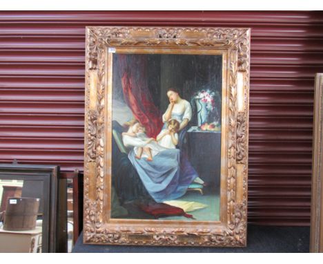 A modern gilt framed reproduction print depicting two ladies caring for children 