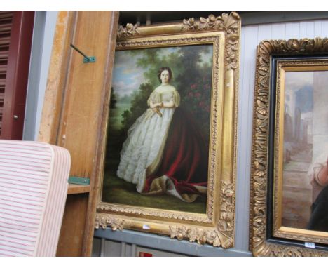 A modern gilt framed reproduction print of a 20th Century lady standing in a garden 