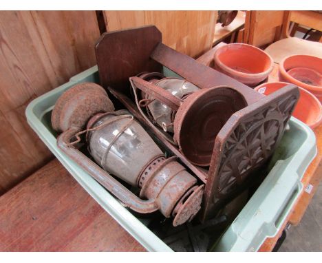A quantity of vintage lamps, book trough etc 