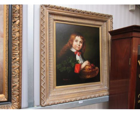 A modern gilt framed reproduction print of a child holding a basket of fruit 