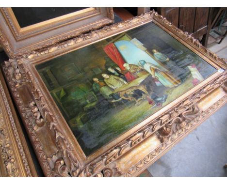 A modern gilt framed reproduction print depicting gents around a table 'B. Matthews' 