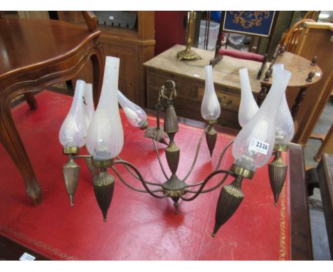 A 1970's style 8 branch ceiling light with glass shades