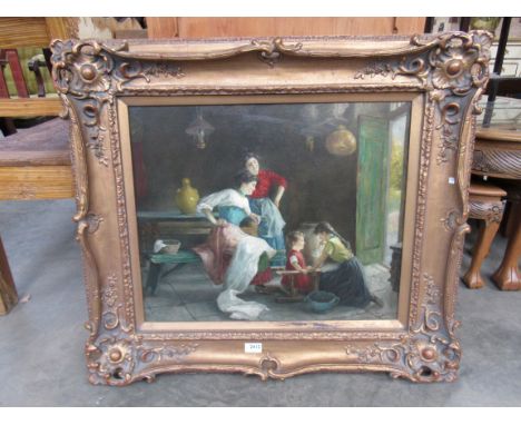 A modern gilt framed reproduction print depicting a 20th Century scene with three ladies and a child "Francois Roux" 