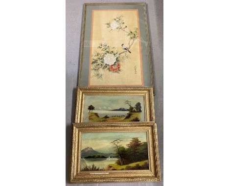 A large framed and glazed painted oriental silk panel of bird on a blossom branch.  Together with 2 gilt framed oil paintings