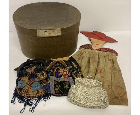 A collection of vintage handbags to include beaded and wooden ladies head shaped wooden handled.  In varying conditions. Toge