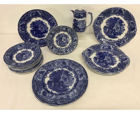 A quantity of vintage George Jones "Abbey 1790" blue and white ceramic dinner ware.  Comprising: 4 dinner plates, 3 shaped se