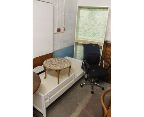 A WHITE PAINTED CHILD'S BED TOGETHER WITH AN OPEN FRONT BOOKCASE, AN OFFICE CHAIR AND A CIRCULAR TILE TOP COFFEE TABLE  