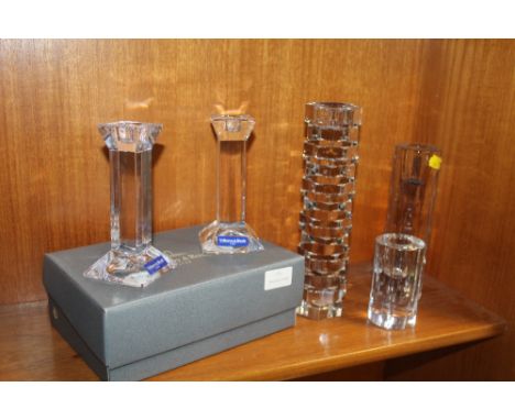 A COLLECTION OF CUT GLASS CANDLE STICK HOLDERS TO INCLUDE A BOXED PAIR OF VILLEROY AND BOCH EXAMPLES, ROYAL DOULTON, ETC 