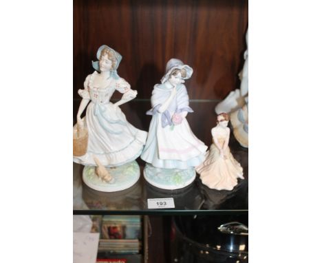 TWO ROYAL WORCESTER FIGURES "A POSY FOR MOTHER" AND "THE MILKMAID" TOGETHER WITH A COALPORT FIGURE "THE VALENTINE DEBUTANTE"