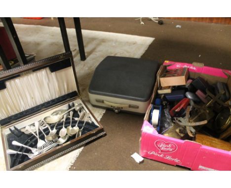 A QUANTITY OF ASSORTED METALWARE, ETC TOGETHER WITH A TYPEWRITER 