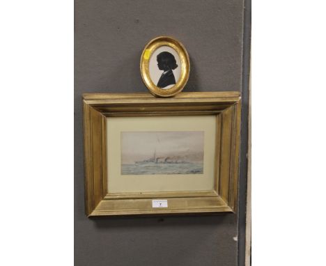 A FRAMED AND GLAZED PAINTING OF A SHIP TOGETHER WITH AN OVAL SILHOUETTE STYLE PORTRAIT