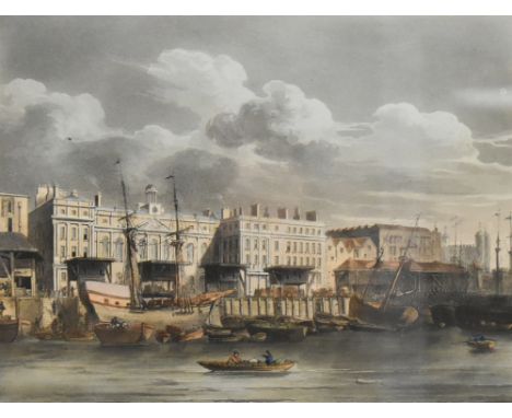 John Bluck (British, 18th - 19th Century), picture is titled Custom House from the River Thames, a hand coloured Aquatint fro