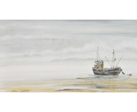 Brian D. Powell (British, b.1932) A watercolour painting titled 'A Waiting Tide', Solway, depicting a coastal scene at low ti