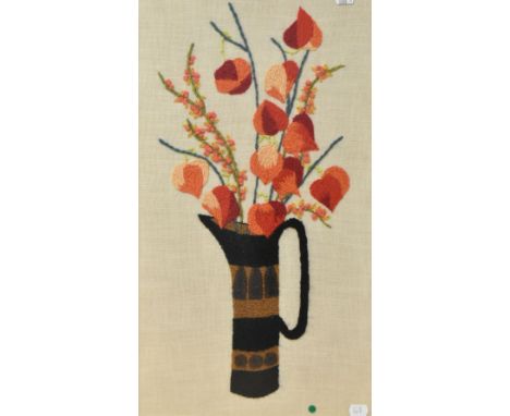 20th Century School, needlework embroidery, A still life arrangement depicting a vase of Chinese Lantern plants, framed and u