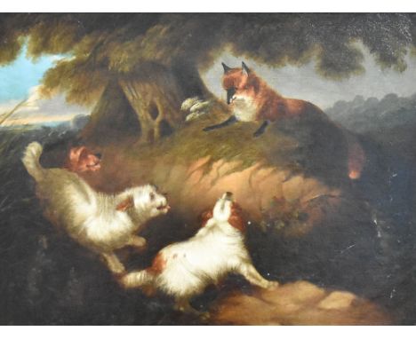 In the manner of George Armfield (1810-1893, British), oil on board, Fox and hounds, displayed within a lustered Art Nouveau 