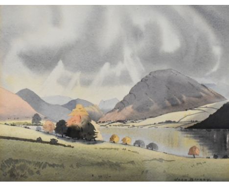 John Birney (20th Century) October at Loweswater, a watercolour showing Loweswater and the surrounding fells in autumn. Signe