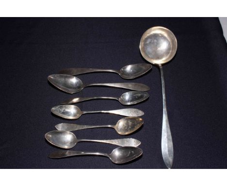 Collection of Continental antique silver, ladle and seven tablespoons.