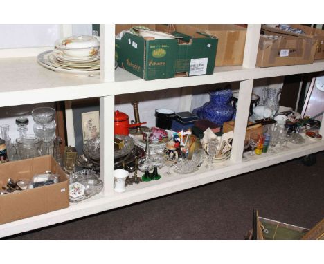 Full shelf of china, glass, metalware, cutlery, twin branch brass oil lamp, 1950's cabinet of LP records, Doulton table servi