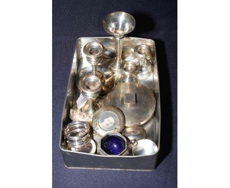 Box of fourteen small silver items including Victorian pocket watch, engine-turned powder bowl, napkin rings, decanter labels