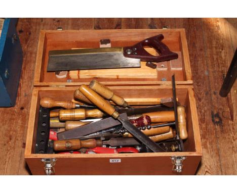 Two tool boxes and tools including chisels, planes, calipers, spanners, etc.