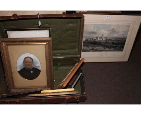 Framed Durham print, pair maple framed photo's, pictures, prints and vintage trunk.