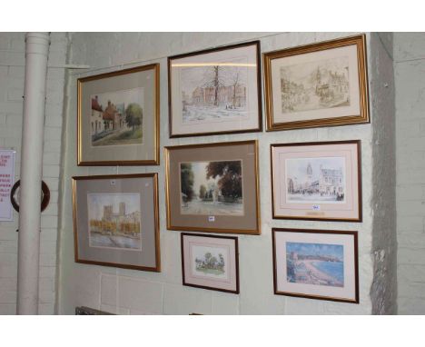 Four framed watercolours including Durham Cathedral, four prints and barometer.