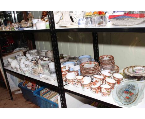 Collection of Victorian teawares, Wedgwood Hathaway Rose, plates, glass, small barometer, etc.