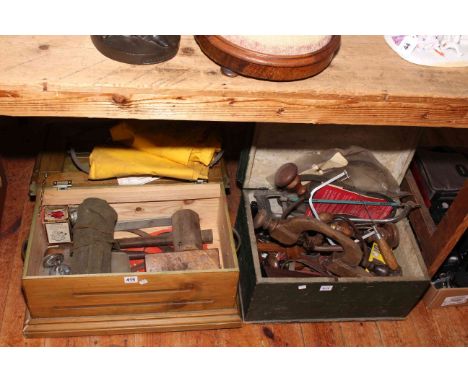 Two tool boxes and tools including vintage hand drills, drill bits and miscellaneous.