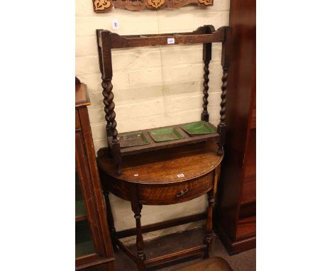 1920's oak Demi Lune hall table, oak barley twist stick stand and oak three tier cakestand (3).