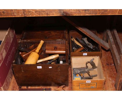 Record combination plane in original box and two boxes of vintage carpentry tools including planes.