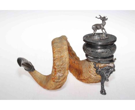 Large Victorian Rams horn table snuff mull, with white metal mounted stag mask front leg and stag finial to the cover, 26cm a